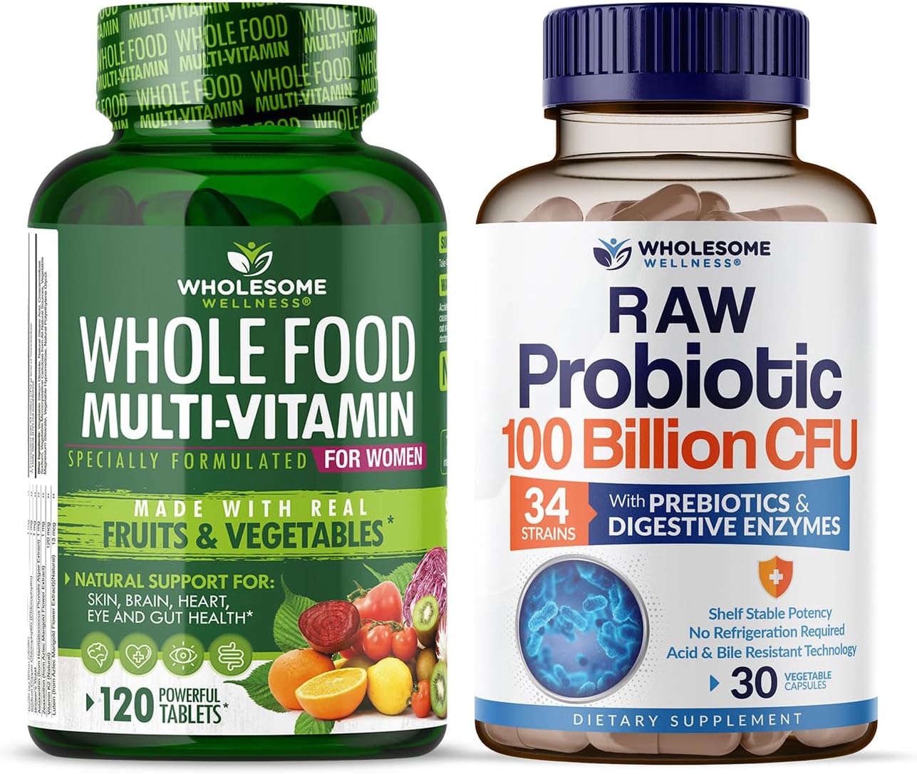 Wholesome Wellness Food Multivitamin for Women - Natural Multi Vitamins, Minerals, Organic Extracts + Probiotics 100 Billion CFU Probiotics for Adults Bundle