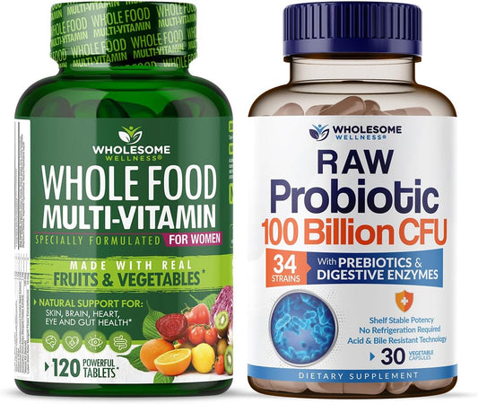 Wholesome Wellness Food Multivitamin for Women - Natural Multi Vitamins, Minerals, Organic Extracts + Probiotics 100 Billion CFU Probiotics for Adults Bundle