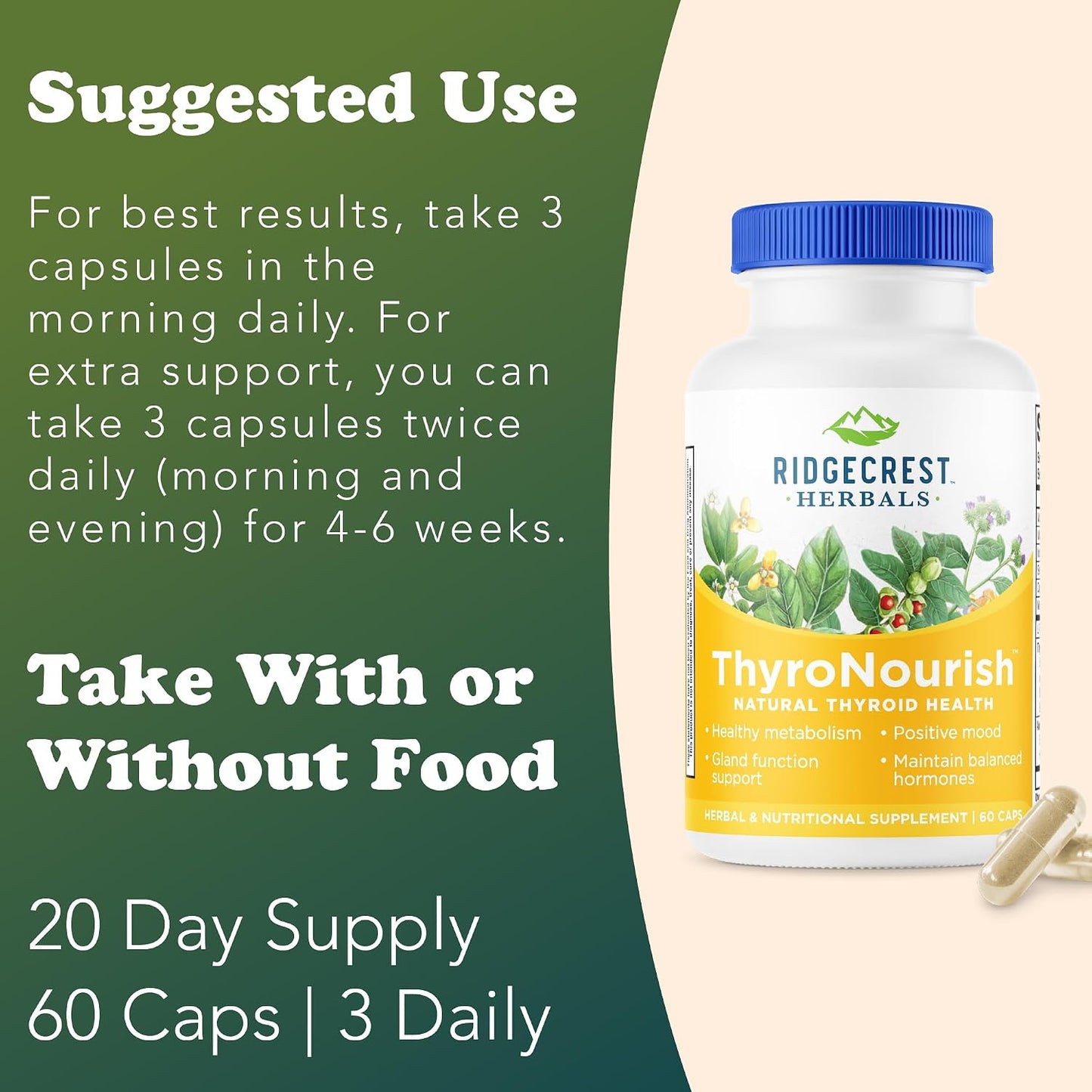 RidgeCrest Herbals ThyroNourish Thyroid and Metabolism Support 60 Ct | 30 Servings, Ashwagandha, L-Tyrosine, Iodine, Copper, Kelp, Natural Energy and Sleep Wellness, Daily Herbal Formula