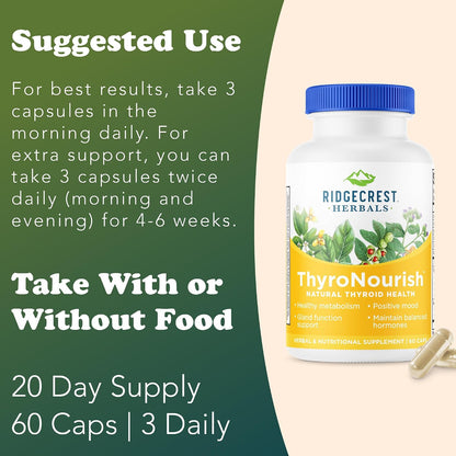 RidgeCrest Herbals ThyroNourish Thyroid and Metabolism Support 60 Ct | 30 Servings, Ashwagandha, L-Tyrosine, Iodine, Copper, Kelp, Natural Energy and Sleep Wellness, Daily Herbal Formula