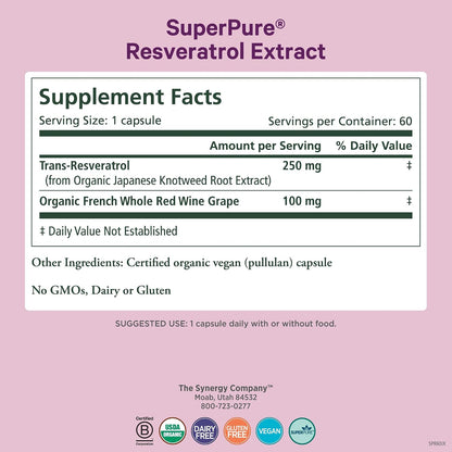 PURE SYNERGY SuperPure Resveratrol Extract | Organic Resveratrol Supplement | Antioxidant Trans-Resveratrol Extract with Grape Polyphenols | for Healthy Aging, Heart, and Skin Health (60 Capsules)