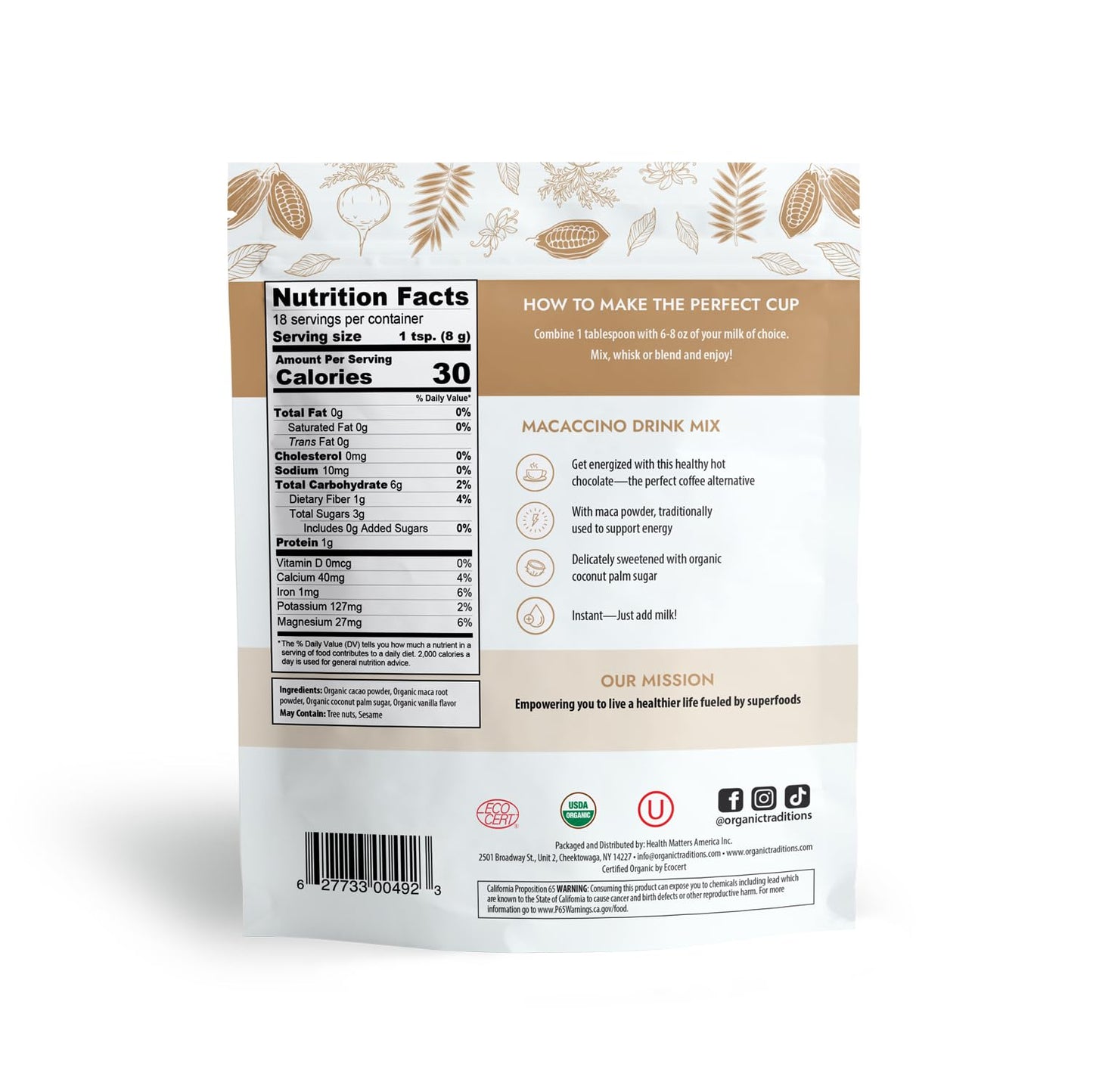 Organic Traditions Macaccino Superfood Blend, Maca Root Powder with Cacao and Coconut Palm Sugar, Coffee Alternative Drink Mix for Hot or Iced Lattes Smoothies Recipes, Plant Based Powder, 227g / 8oz