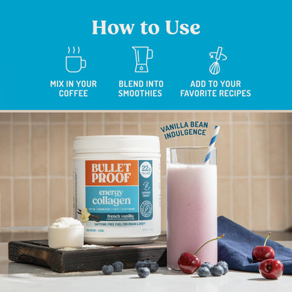 Bulletproof Energy Collagen Protein Powder, Vanilla Bean, 20g Grass-Fed Collagen Peptides, 7g Fiber with MCT Oil & Adaptogens, Caffeine-Free, 18.3 Ounces