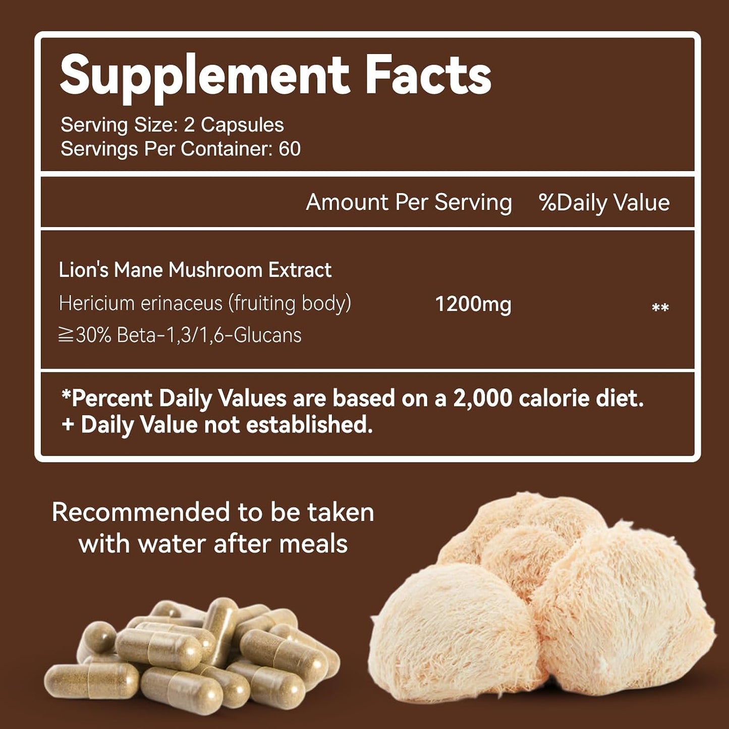 Lion’s Mane Capsules 1200mg, Immune Support, 120 Count