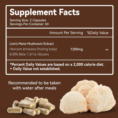 Lion’s Mane Capsules 1200mg, Immune Support, 120 Count