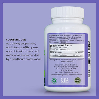 Zinc 50mg - Zinc Picolinate Immune Health Support Supplement 120 Veggie Capsules for Adults and Kids Vitamin, Well-Absorbed High Potency Pure Zinc Supplements - 50mg Per Serving