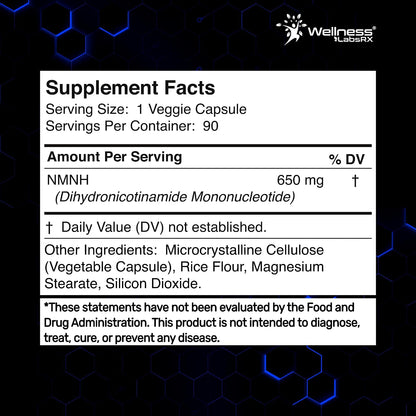 NMNH Supplements - Di-Hydro Nicotinamide Mononucleotide NMNH Capsules, Fast Absorption Ultra Strength NMN Supplement, NAD+ for Cellular Energy & Anti Aging, 650mg - Non-GMO, Gluten Free - 90 Capsules