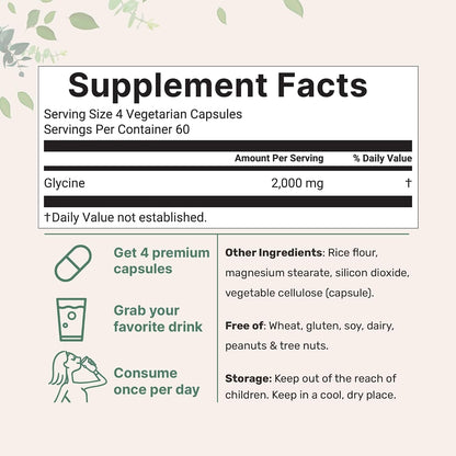 Glycine 2,000mg Per Serving, 240 Veggie Capsules | Free Form | Double Strength Amino Acids | Restful Sleep and Neurotransmitter Support Supplements | Non-GMO, Gluten Free