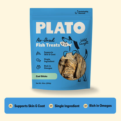Plato Single Ingredient Wild-Caught Cod Skin Bites Dog Treats, Air-Dried Omega-Rich Skin & Coat Support, 10 oz