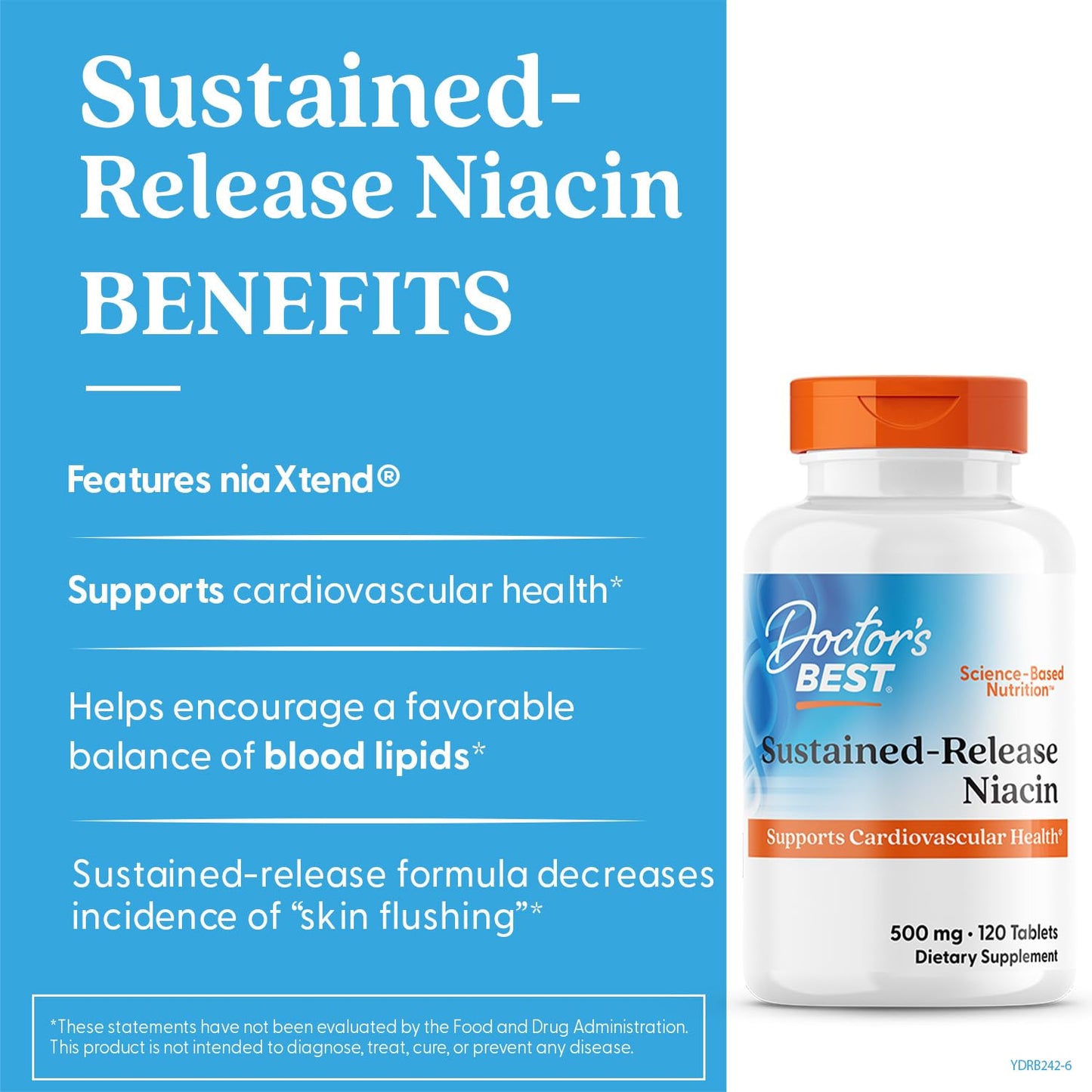 Doctor's Best Niacin 500 mg Extended Release Supplement for Men & Women - Minimizes Skin Flush, Niacin as Nicotinic Acid 500mg, Cardiovascular Health Support, Gluten Free, Vegan, Non GMO - 120 Tablets