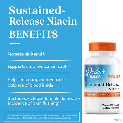 Doctor's Best Niacin 500 mg Extended Release Supplement for Men & Women - Minimizes Skin Flush, Niacin as Nicotinic Acid 500mg, Cardiovascular Health Support, Gluten Free, Vegan, Non GMO - 120 Tablets