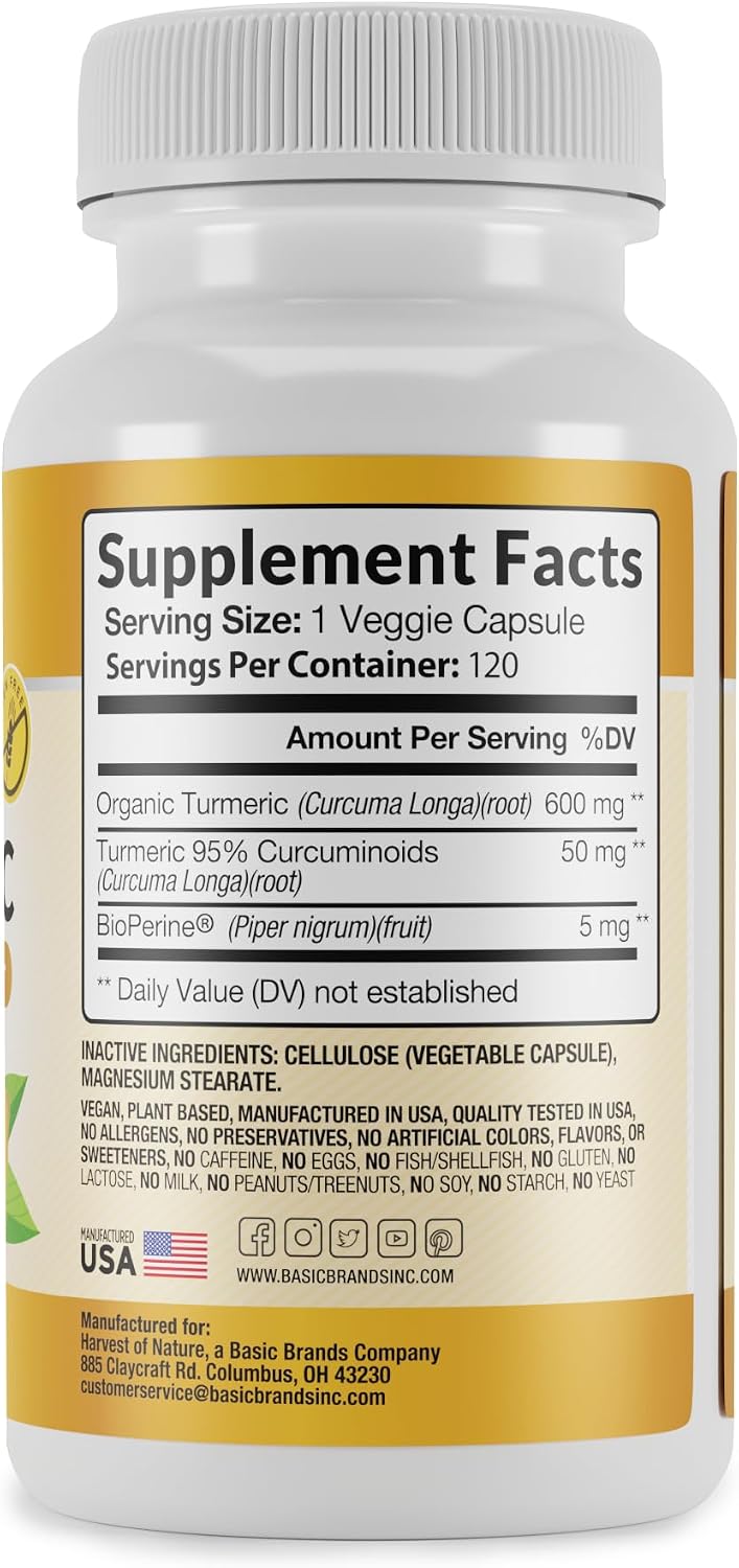 Organic Turmeric Curcumin Supplement, 120 Capsules 1 Pack | BioPerine® Black Pepper Extract, Turmeric Curcumin Supplement, Vegetable Cellulose