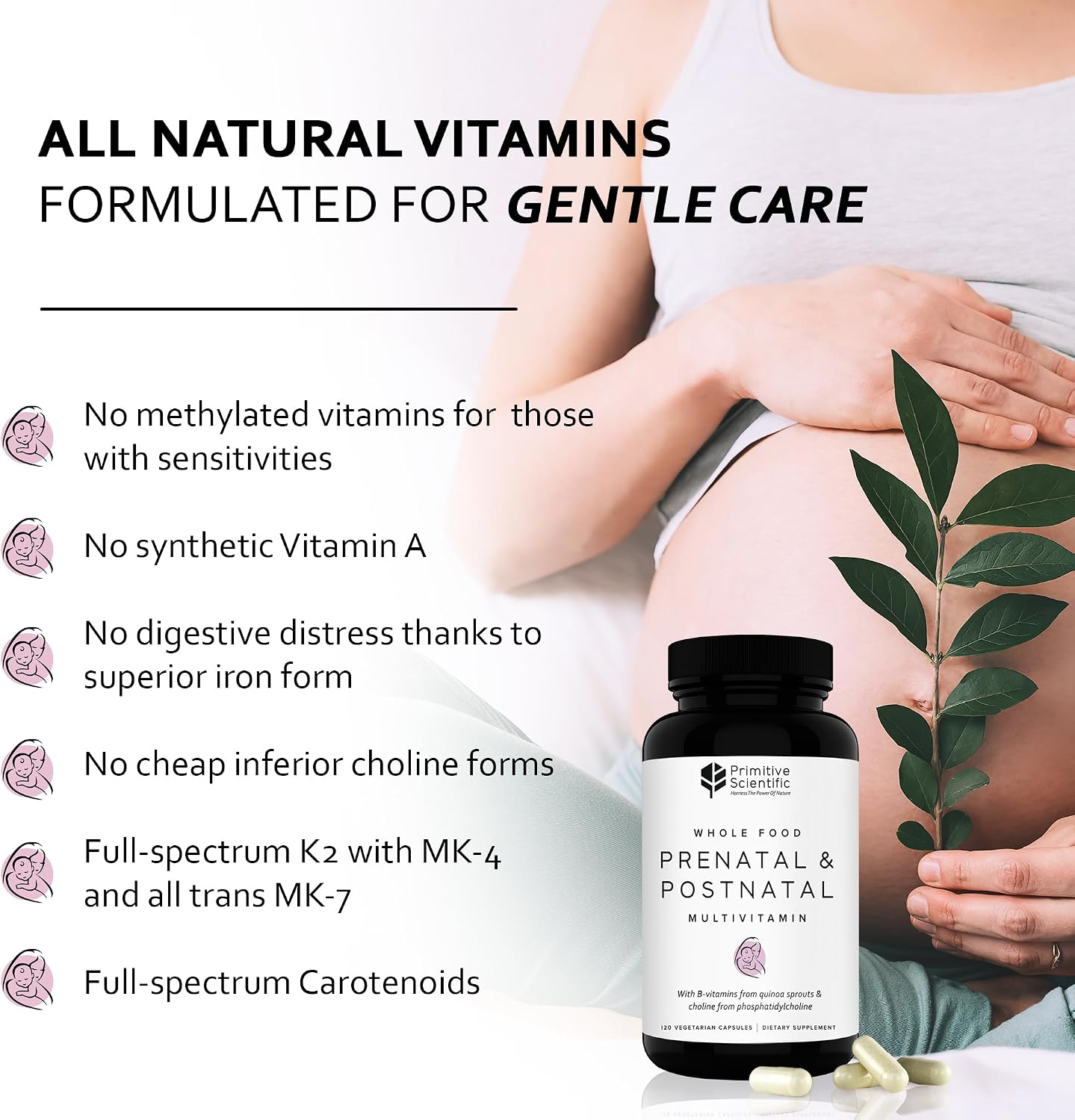 Primitive Scientific Prenatal and Postnatal Multivitamin for Women, with Vitamins A, B, C, D, E, Iodine, and Ginger for Mother & Baby Support, Non-GMO, Gluten-Free (120ct)