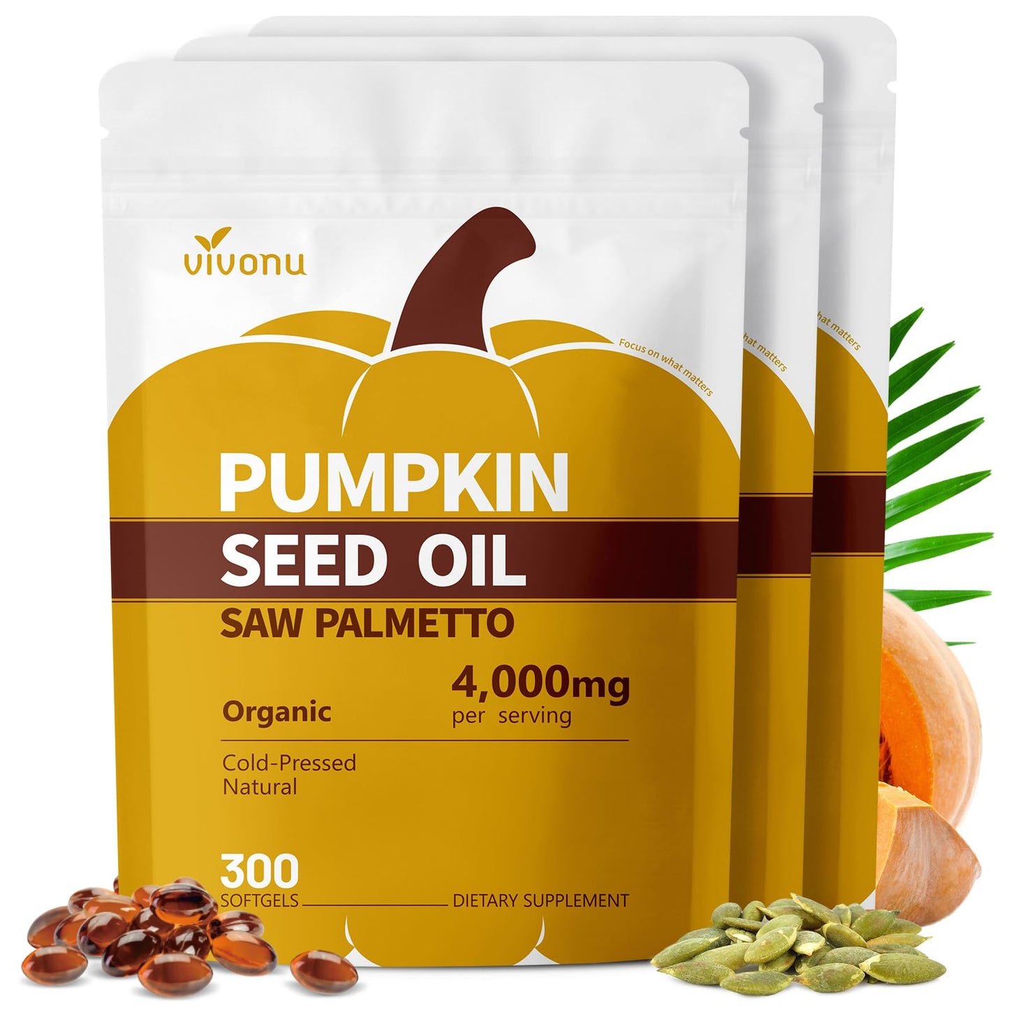 VivoNu Pumpkin Seed Oil with Saw Palmetto Capsules, 4000mg 300 Softgels | Organic, Cold Pressed | DHT Blocker | Supports Hair, Urinary, Bladder & Prostate Health | Non-GMO | Organic, Cold Pressed | DHT Blocker | Supports Hair, Urinary, Bladder & Prostate