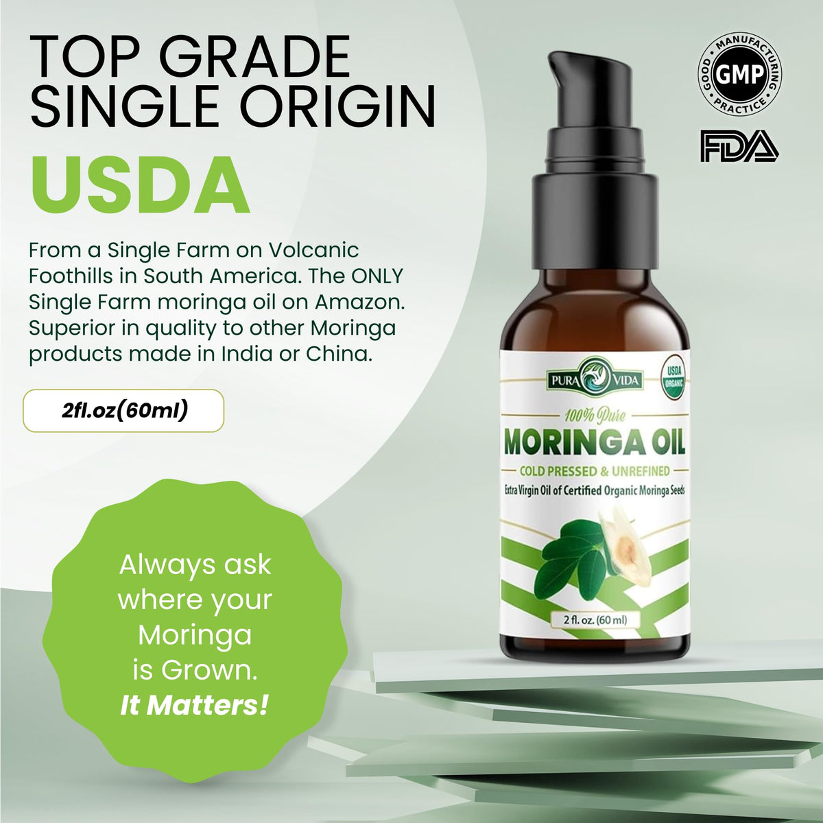 100% Pure Moringa Oil Organic for Face, Hair, Nails and Dry Skin - USDA Certified Single