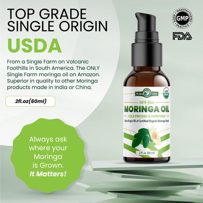 100% Pure Moringa Oil Organic for Face, Hair, Nails and Dry Skin - USDA Certified Single
