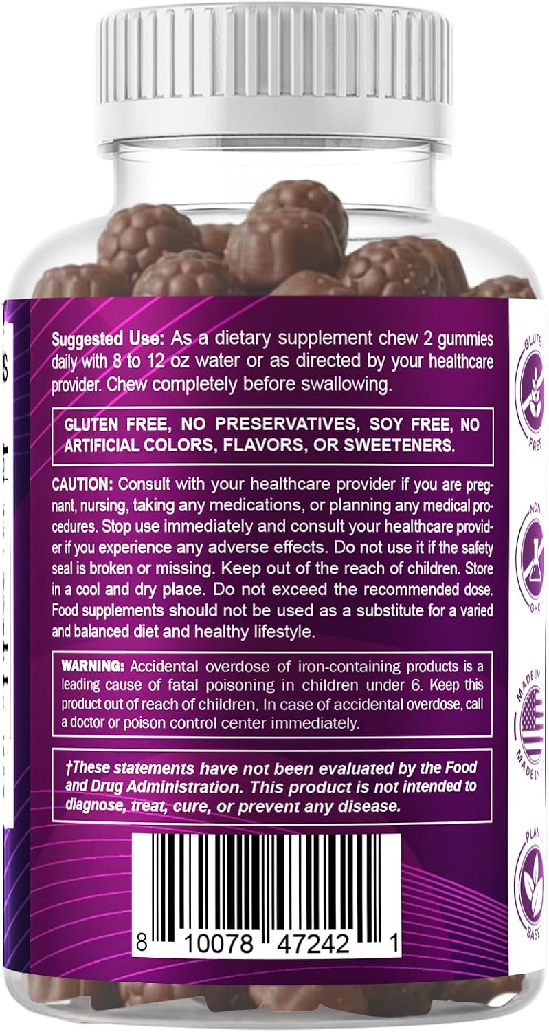 Vitamatic Iron 65 mg with Vitamin C - 60 Vegan Gummies, Made in USA | 65 mg Iron Per Serving, Natural Grape Flavor, Pectin Based, Gluten Free, Non-GMO