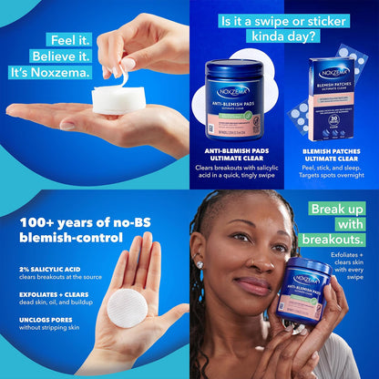 Noxzema Acne Treatment Bundle – Ultimate Clear Blemish Patches with Niacinamide and Tea Tree + Anti-Blemish Pads with 2% Salicylic Acid