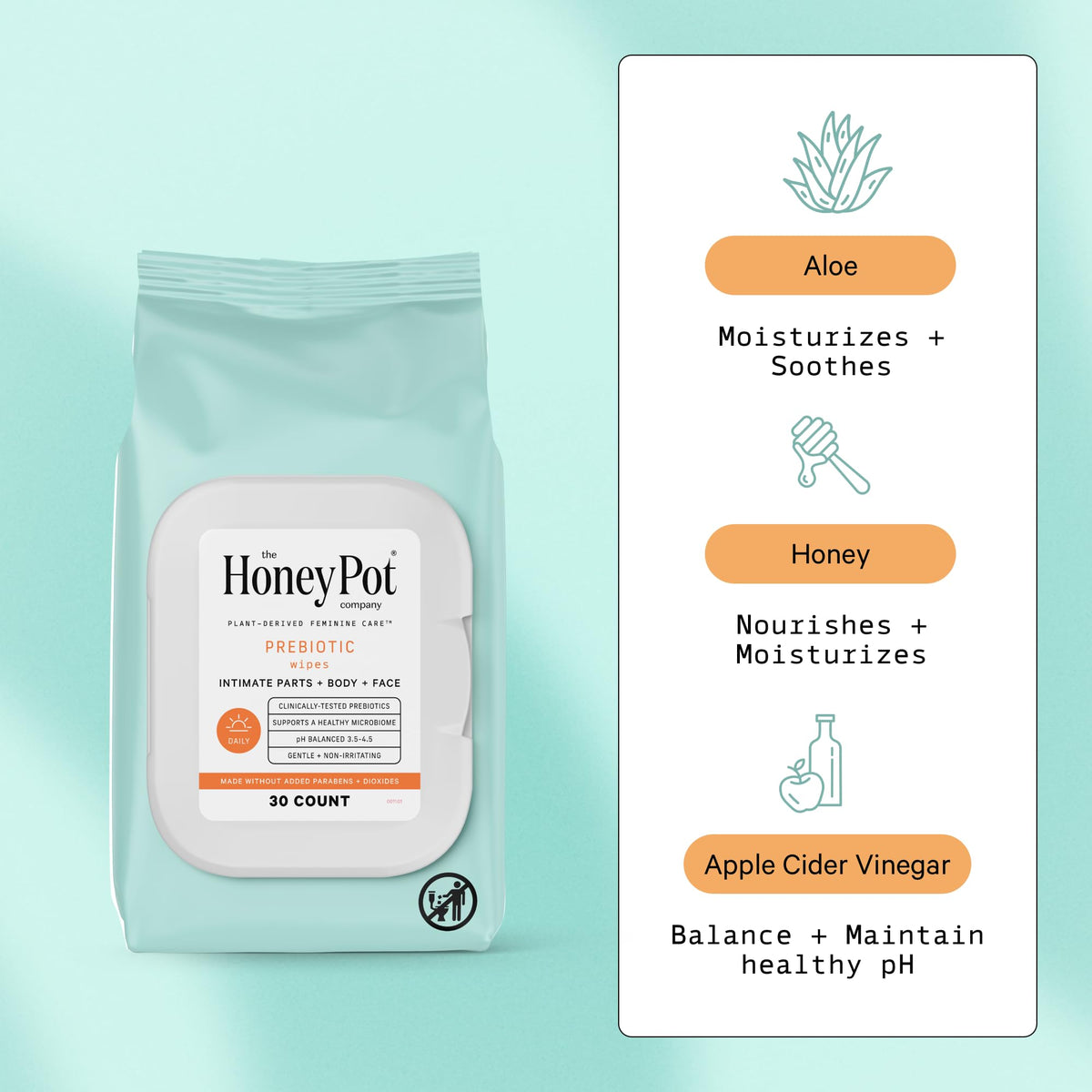 The Honey Pot Company - Prebiotic Feminine Wipes - Herbal Infused Feminine Hygiene Wipes