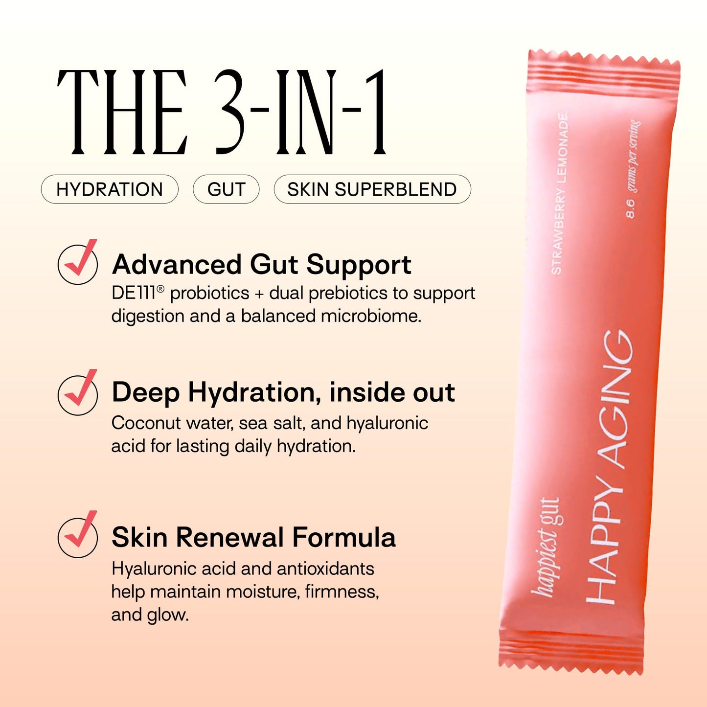 Happy Aging Electrolytes Powder Packets for Women - Sugar Free Hydration & Gut Health with Hyaluronic Acid & Bacillus Subtilis DE111 Probiotics - Dual Prebiotic System for Skin Beauty