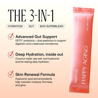 Happy Aging Electrolytes Powder Packets for Women - Sugar Free Hydration & Gut Health with Hyaluronic Acid & Bacillus Subtilis DE111 Probiotics - Dual Prebiotic System for Skin Beauty