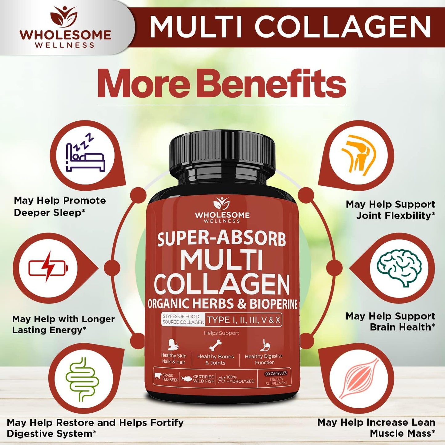 Wholesome Wellness Liposomal Vitamin C Capsules (200 Pills 1500mg Buffered) + Super-Absorb Multi Collagen Pills (Type I II III V X) Organic Herbs and Bioperine Bundle