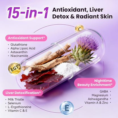 Liposomal Glutathione 1158mg with Astaxanthin for Skin Health 60*2 Vegan CT | 15-in-1 with Milk Thistle, Alpha Lipoic Acid, Antioxidant Complex for Nighttime Skin Radiance, Cellular Health & Liver Detox