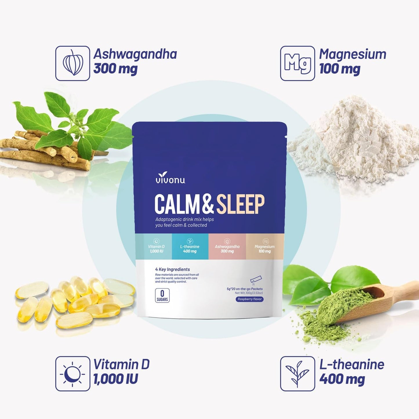 VivoNu Calm & Sleep Powdered Drink Mix Raspberry L Theanine Ksm-66 Ashwagandha Magnesium Glycinate Vitamin D 3 Supplements for Relaxation & Focus No Sugar Non GMO