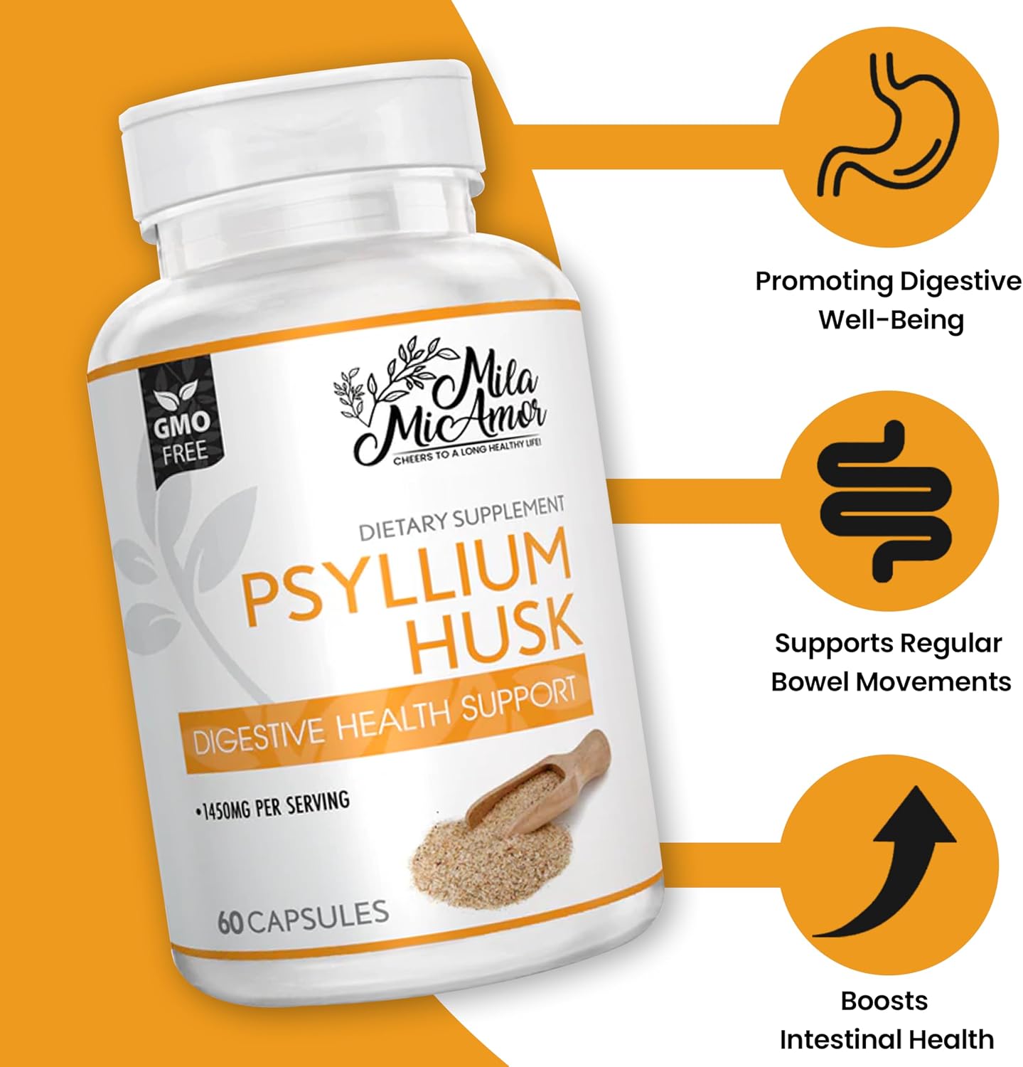 Mila Miamor Psyllium Husk Capsules – 60 Count – Gut & Colon Support Supplement – Promotes Digestive Health & Regularity – Non-GMO, High Fiber Formula
