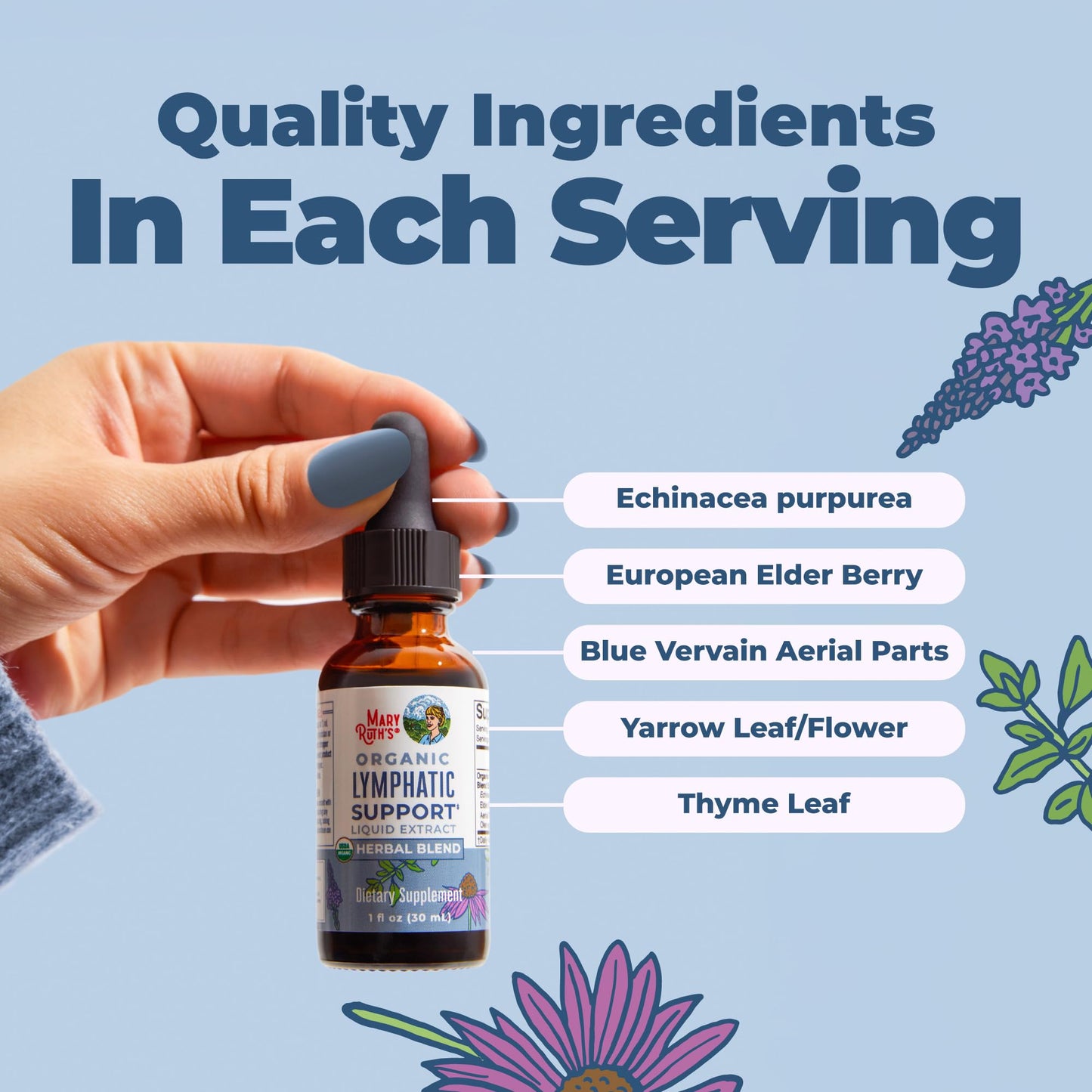 MARYRUTH'S Lymphatic Support Liquid Drops USDA Organic | Herbal Blend with Echinacea & Elderberry | Blue Vervain | Vegan | Alcohol-Free | Non-GMO | 30 Servings