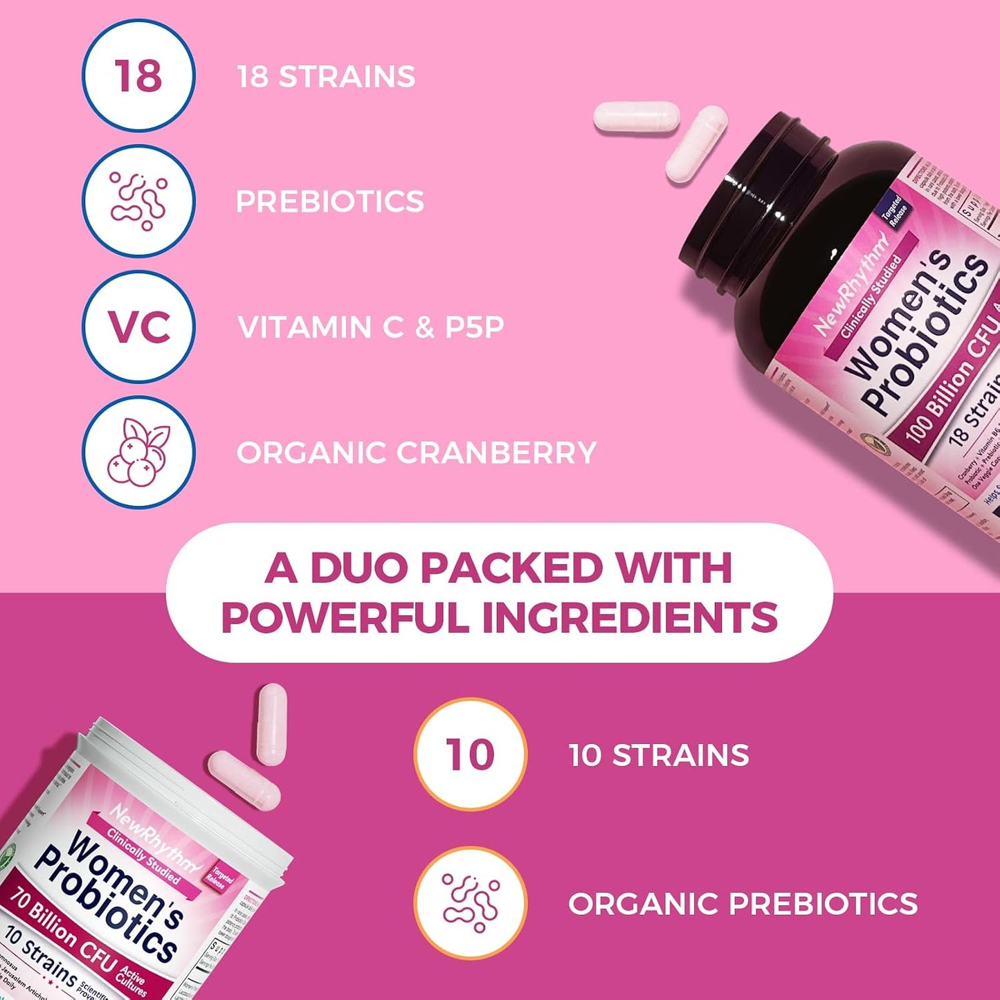 NewRhythm VagFlora Carefree Bundle, Women's Probiotics 100 Billion CFU & Women's Probiotics 70 Billion CFU, PH Balance, Vaginal, Urinary & Digestive Health, Non-GMO