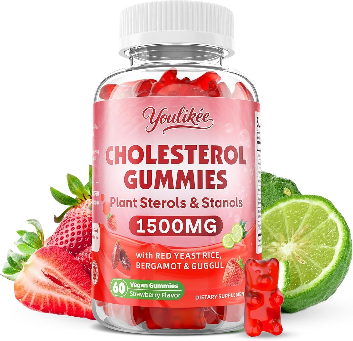 Cholesterol Supplements Gummies with Plant Sterols & Stanols, Guggul, Bergamot Orange, Red Yeast Rice, Sugar Free, Strawberry Flavor, 60 Count