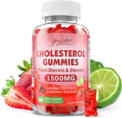 Cholesterol Supplements Gummies with Plant Sterols & Stanols, Guggul, Bergamot Orange, Red Yeast Rice, Sugar Free, Strawberry Flavor, 60 Count