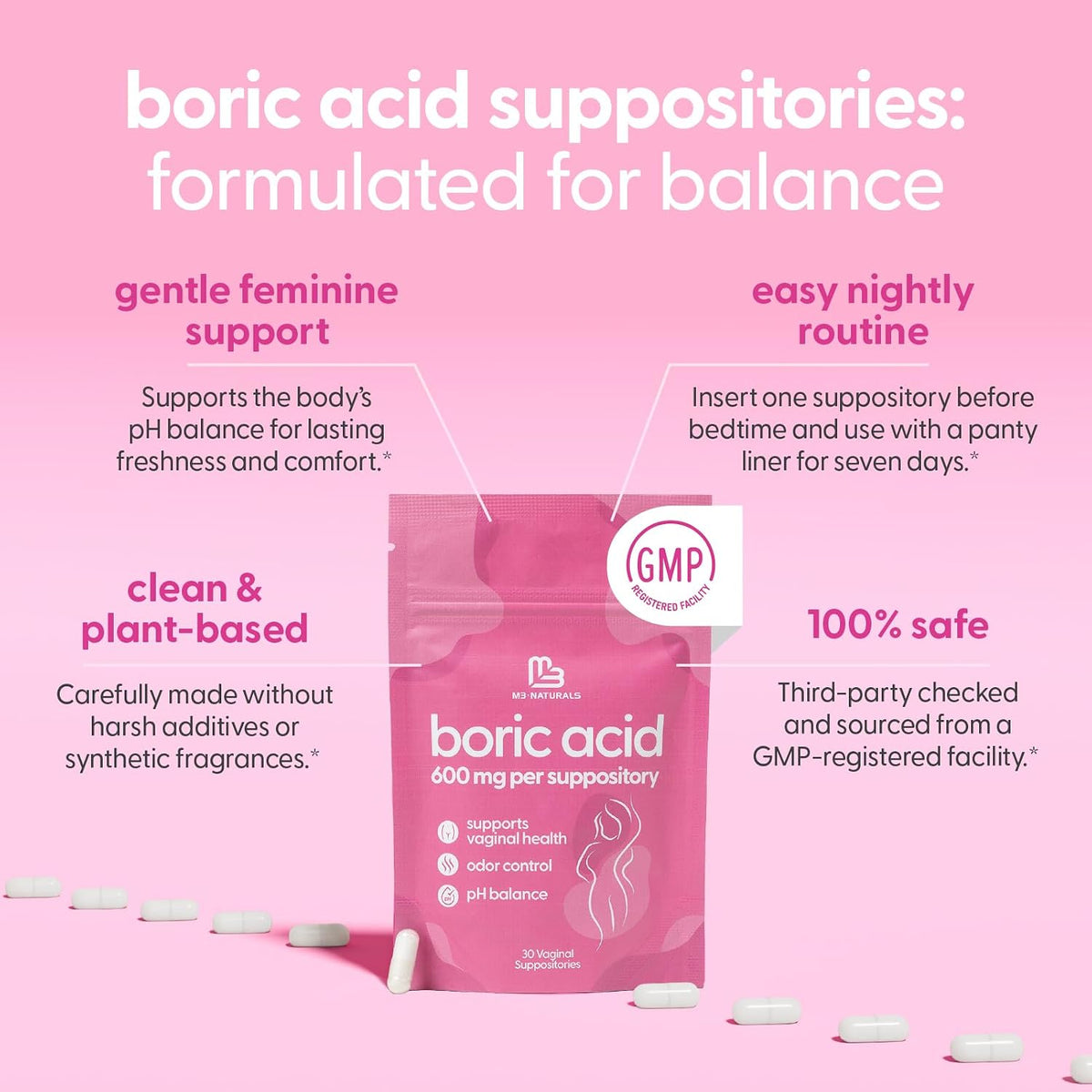 Boric Acid Suppositories for Women, Clean Formula, 600 mg, 30 Count by M3
