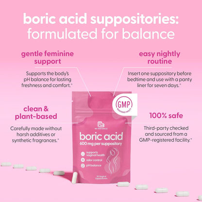 Boric Acid Suppositories for Women, Clean Formula, 600 mg, 30 Count by M3