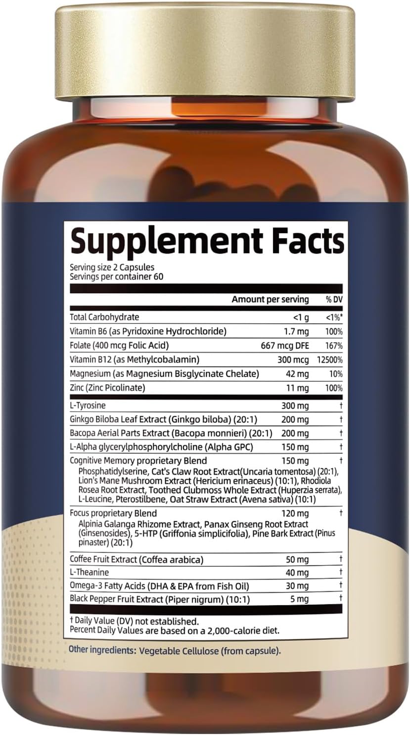 Totaria Brain Supplements for Memory and Focus, Brain Health with L-Tyrosine, Alpha GPC, Ginkgo Biloba, Bacopa Monnieri, Nootropic Cognitive Support - Non-GMO, Gluten Free (120 Counts)