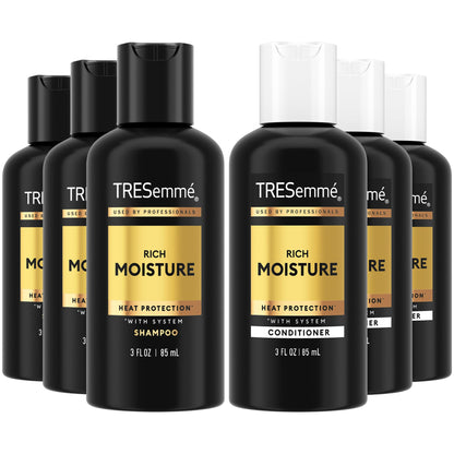 TRESemmé Rich Moisture Travel Shampoo & Conditioner, 3 Oz Ea | Moisturizing Travel Hair Care Set for Dry Hair | TSA-Friendly Sizes for Travel and Gym Bags