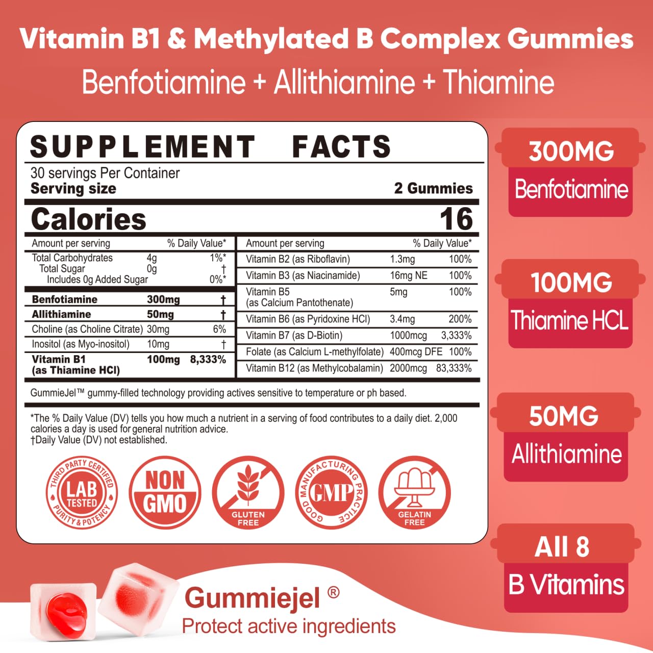 Vitamin B1 & Methylated Vitamin B Complex Gummies, GLP-1 Friendly B Vitamins + Benfotiamine + Thiamine & Inositol, B1 B2 B6 Multivitamins, L-methylfolate, Methyl B12 for Nerve Cognition Energy, 60 Cts