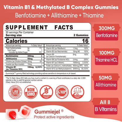 Vitamin B1 & Methylated Vitamin B Complex Gummies, GLP-1 Friendly B Vitamins + Benfotiamine + Thiamine & Inositol, B1 B2 B6 Multivitamins, L-methylfolate, Methyl B12 for Nerve Cognition Energy, 60 Cts