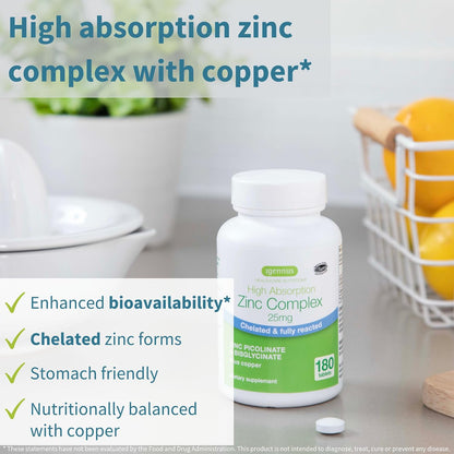 Igennus Chelated Zinc Complex 25mg with Copper, Picolinate & Bisglycinate | Fully Reacted, High Bioavailability & Gentle Digestion, Clean & Third-Party Tested, Immune & Skin Support, 6 Month Supply