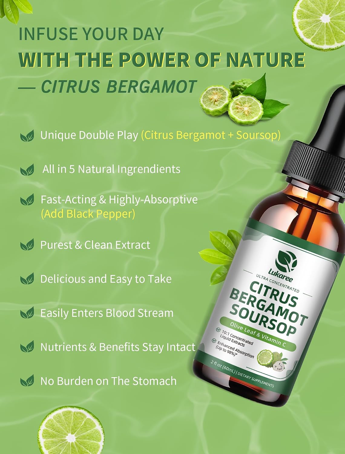 Citrus Bergamot + Soursop Liquid Drops for Cholesterol, Heart & Digestive* | Natural Herbal Supplement with Olive Leaf, Vitamin C, Black Pepper, Vegan, Sugar free, 2 Fl Oz, 30 Days Supply
