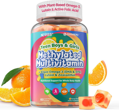 Methylated Multivitamin Gummies for Teens & Kids with Methylfolate, Methyl B12 & Omega3, Teen Vitamins for Boys & Girls 10-19 with Multi-Minerals for Teenager Focus, Energy, Growth, Skin, Eyes, Immune