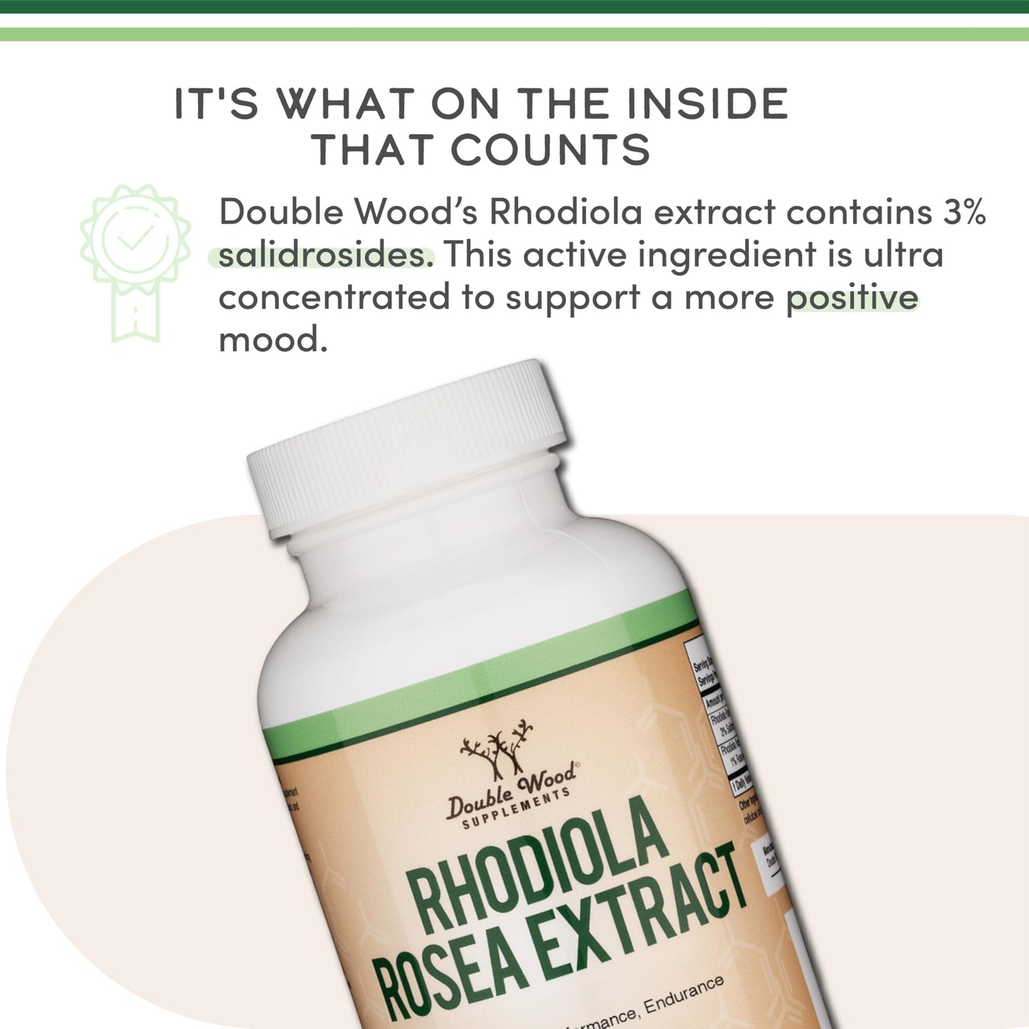 Rhodiola Rosea Supplement 500mg, 120 Vegan Capsules (Third Party Test, Gluten Free, 3% Salidrosides, 1% Rosavins Extract) for Performance, Calming, Motivation by Double Wood