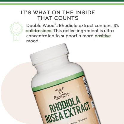 Rhodiola Rosea Supplement 500mg, 120 Vegan Capsules (Third Party Test, Gluten Free, 3% Salidrosides, 1% Rosavins Extract) for Performance, Calming, Motivation by Double Wood
