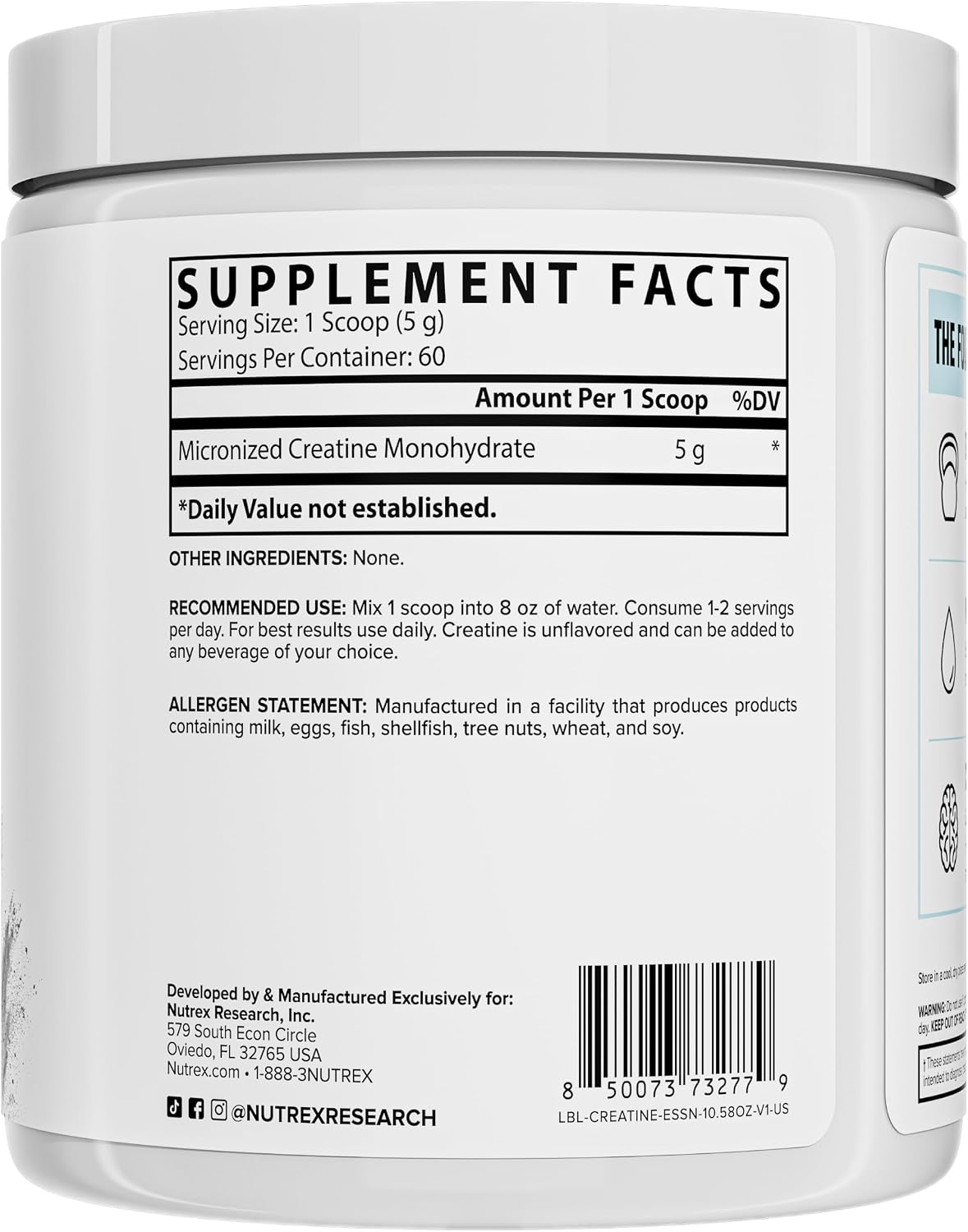 Nutrex Research Essentials Creatine Monohydrate Powder, 5g Micronized Creatine per Scoop, Unflavored, 60 Servings, Gluten Free, Supports Strength, Recovery, and Cognitive Function