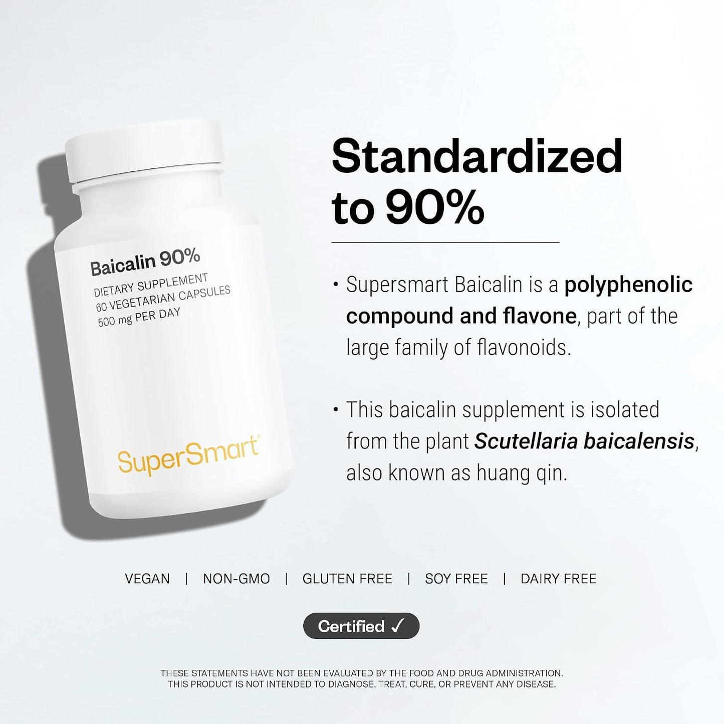 Supersmart - 90% Baicalin 500mg per Day (Scutellaria Baicalensis) - Chinese Skullcap Extract Supplement | Non-GMO & Gluten Free - 60 Vegetarian Capsules