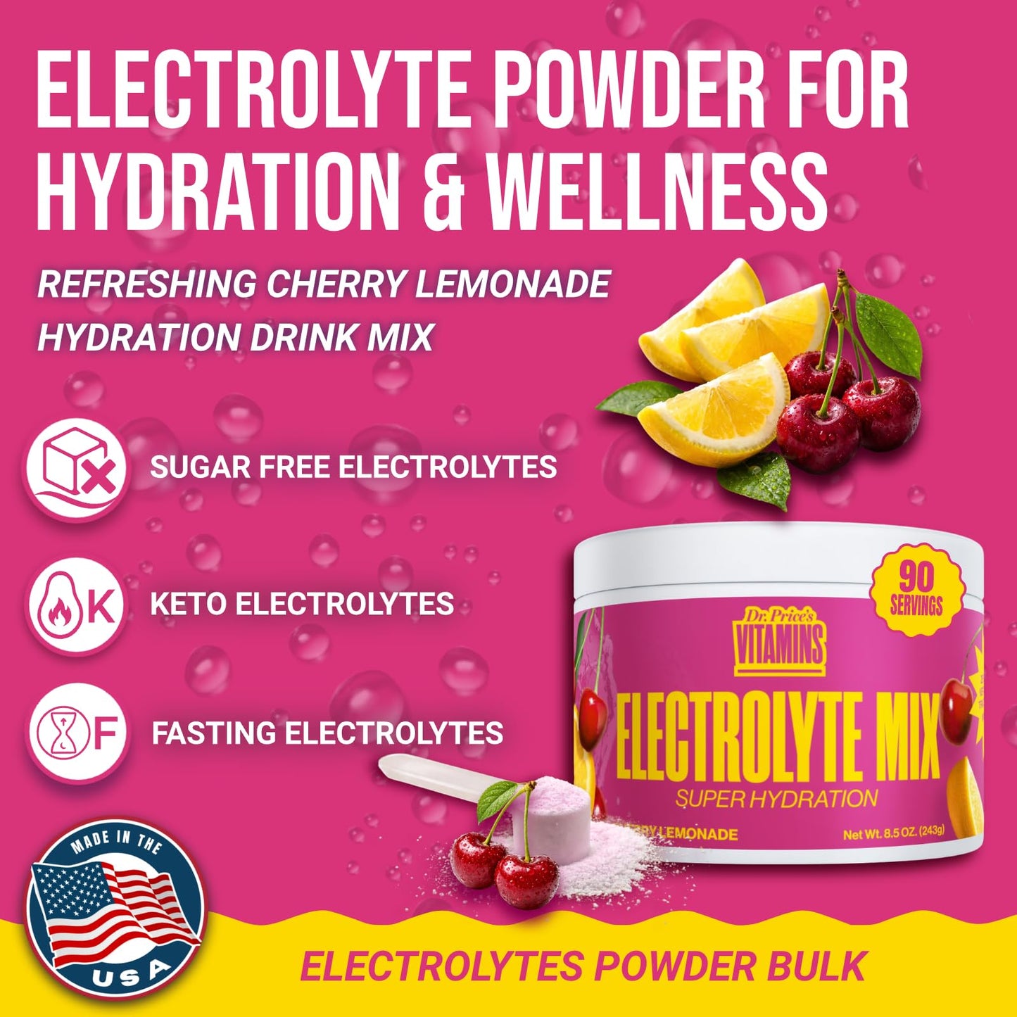 Dr. Price's Vitamins Electrolytes Powder Packets, Lemon Lime, 30 Pack | Electrolyte Mix, Hydration, No Sugar, Sodium, Potassium & 72+ Trace Minerals, Keto Friendly, Made in USA, Doctor-Formulated