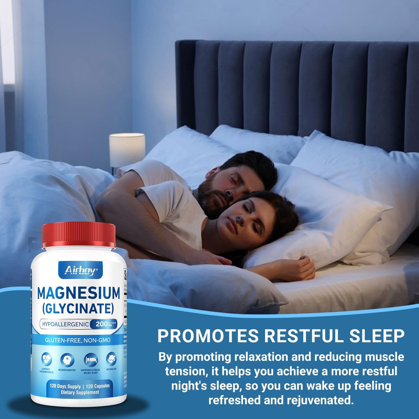 Airboy Magnesium Glycinate 200 mg, Best Magnesium Glycinate for Sleep,120 Vegan Small Capsules, High Absorption Support Relaxation, Sleep and Calm Mood,Non-GMO and No Gluten