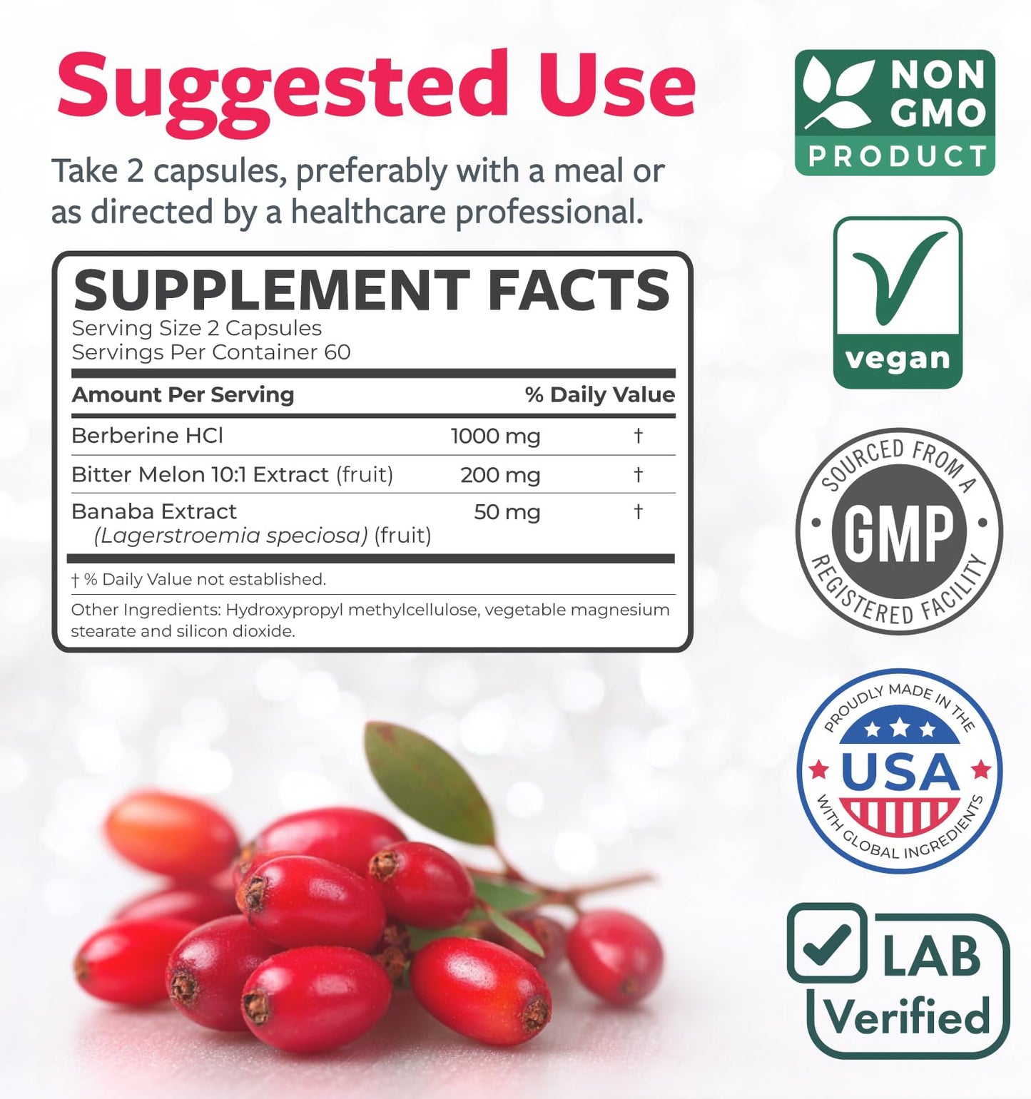 Berberine Supplement (Non-GMO & Vegetarian) Berberine HCL Plus Bitter Melon & Banaba Leaf Extract Capsules - Berberine 500mg Each, 1000mg Per Serve - AMPK Metabolic Activator - 120 Caps (No Pills)
