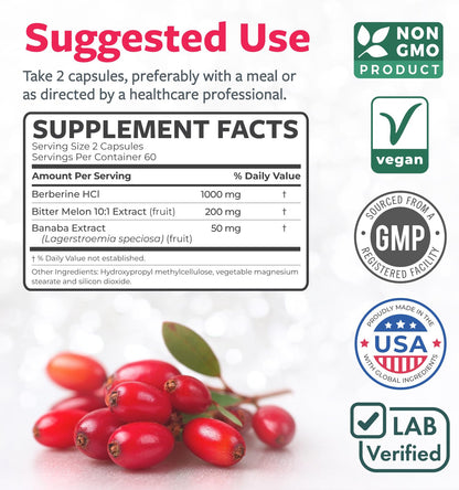 Berberine Supplement (Non-GMO & Vegetarian) Berberine HCL Plus Bitter Melon & Banaba Leaf Extract Capsules - Berberine 500mg Each, 1000mg Per Serve - AMPK Metabolic Activator - 120 Caps (No Pills)